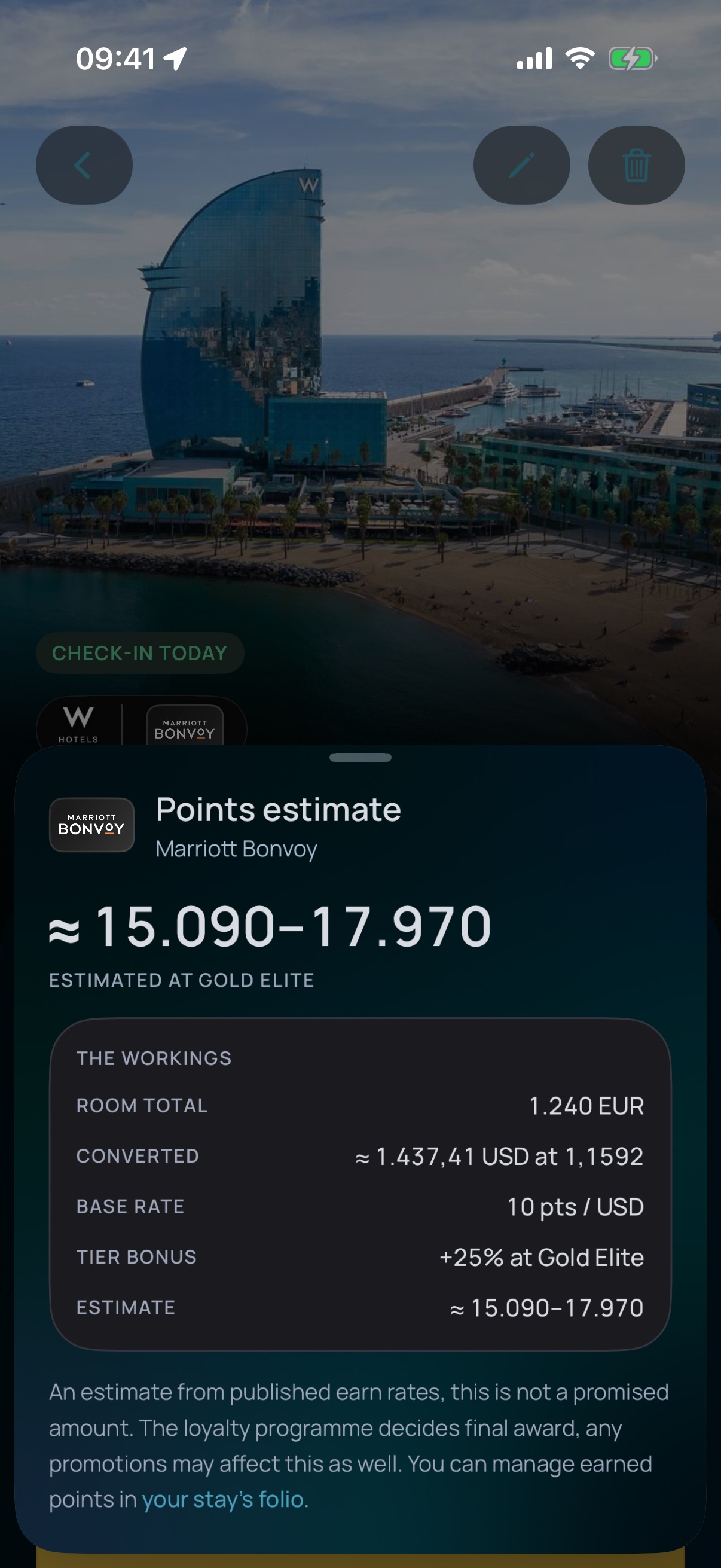 Stayed points estimate listing room total, exchange rate, earn rate and status bonus