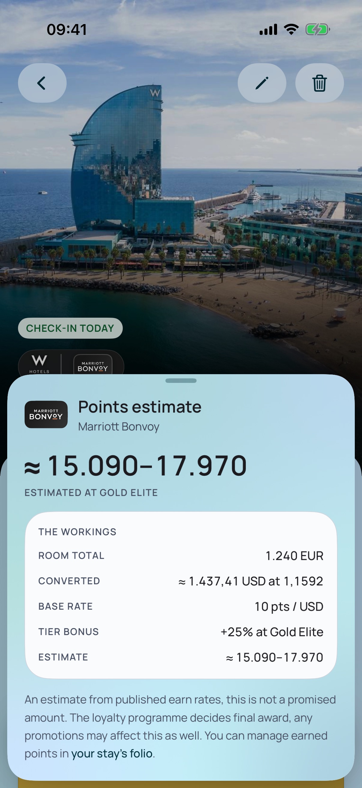 Stayed points estimate listing room total, exchange rate, earn rate and status bonus