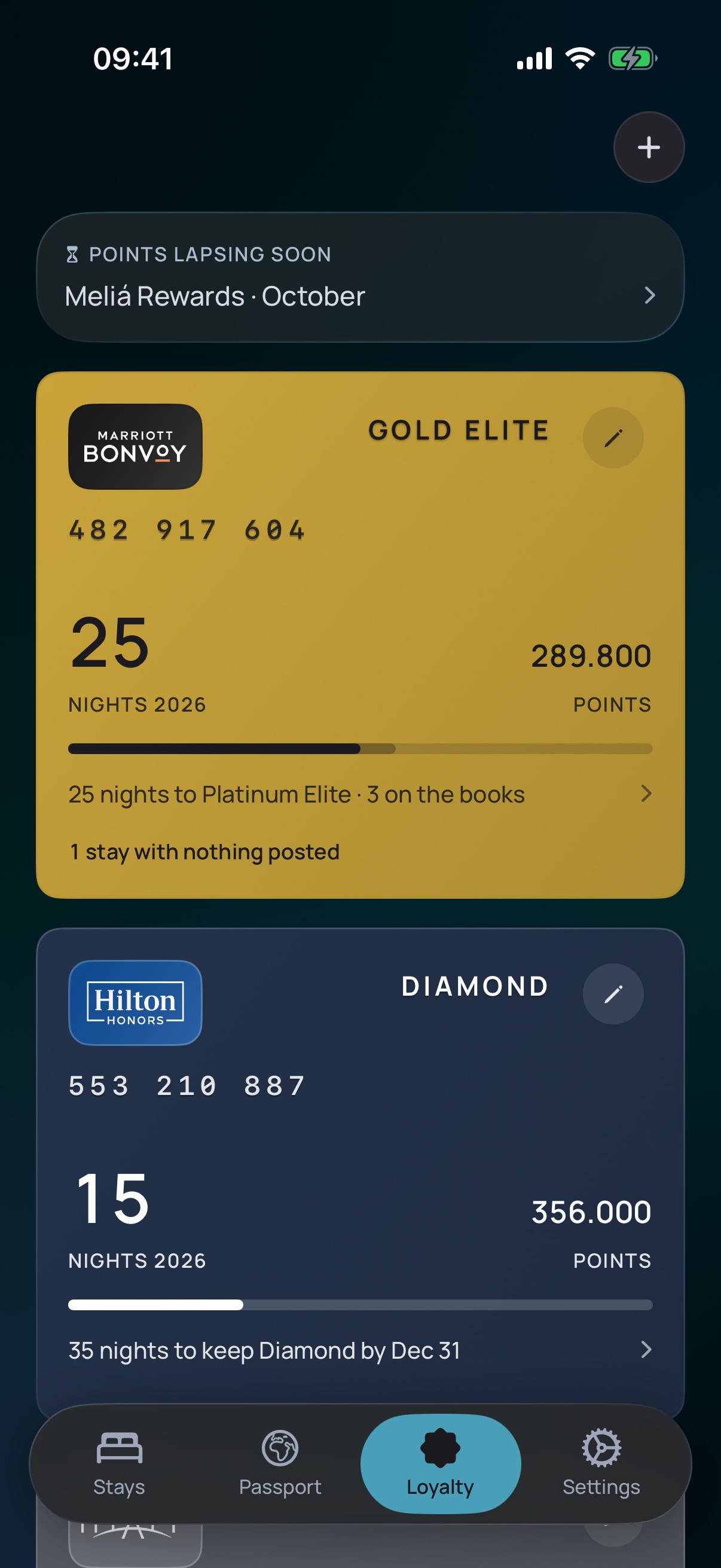 Stayed loyalty wallet: programme cards and progress towards hotel status