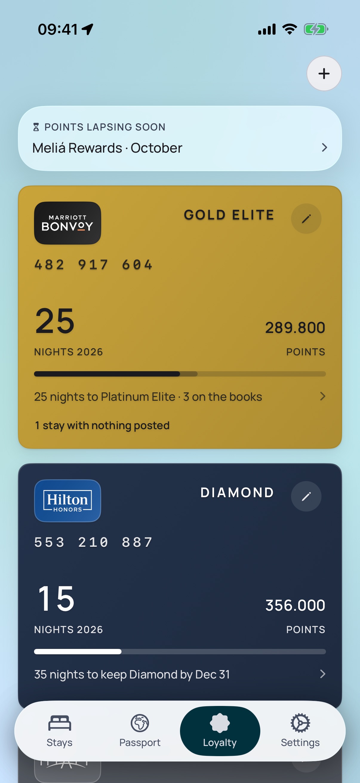 Stayed loyalty wallet: programme cards and progress towards hotel status