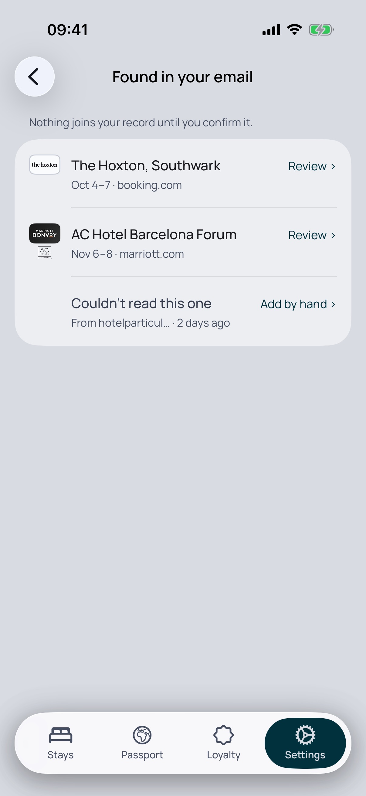 Stayed: bookings found in email wait for review, and one it could not read offers to be added by hand